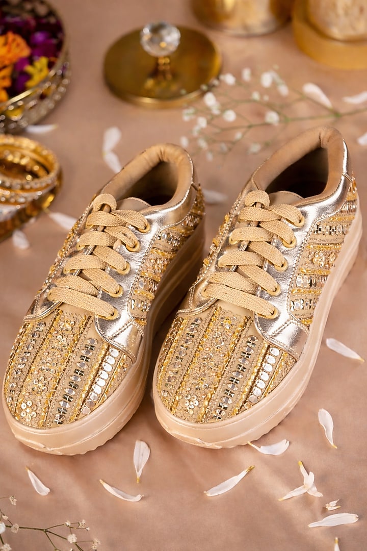 Gold Satin Dabka Work Sneakers by House of Vian at Pernia's Pop Up Shop