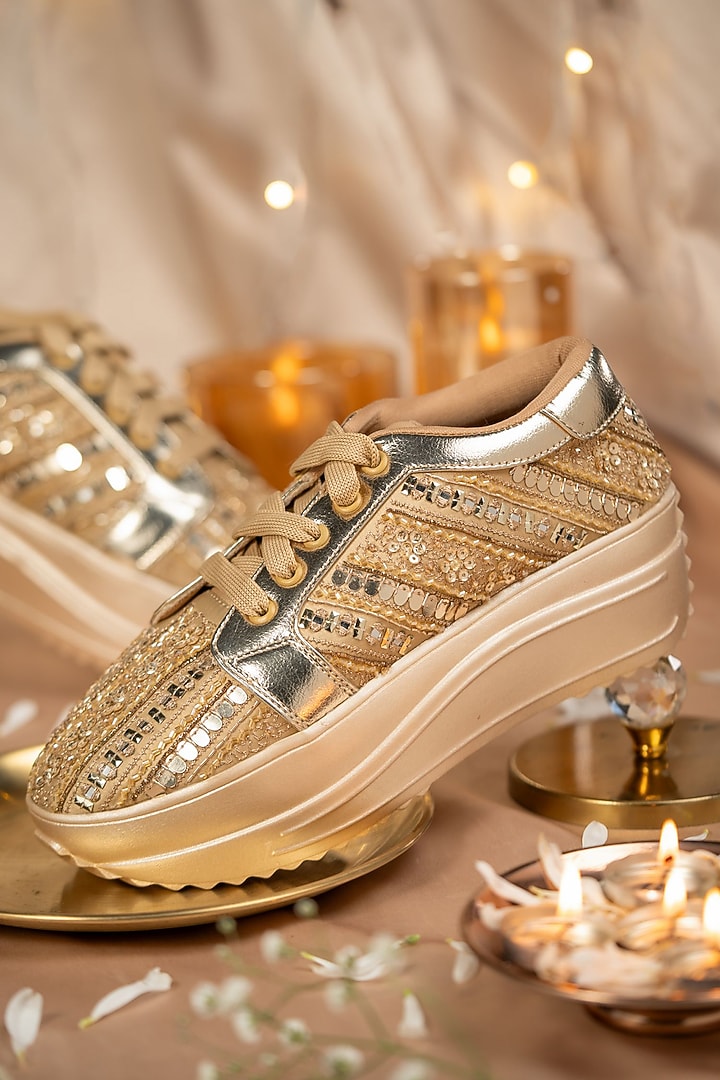 Gold Satin Dabka Work Sneakers by House of Vian at Pernia's Pop Up Shop