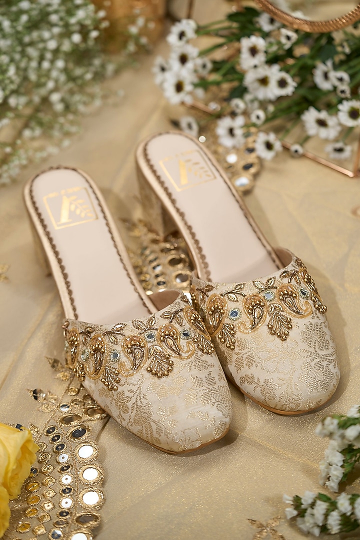 Gold Brocade Fabric Sequins Embroidered Heels by House of Vian at Pernia's Pop Up Shop