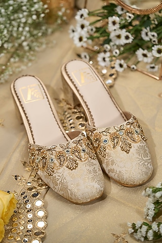 Gold Brocade Fabric Sequins Embroidered Heels by House of Vian