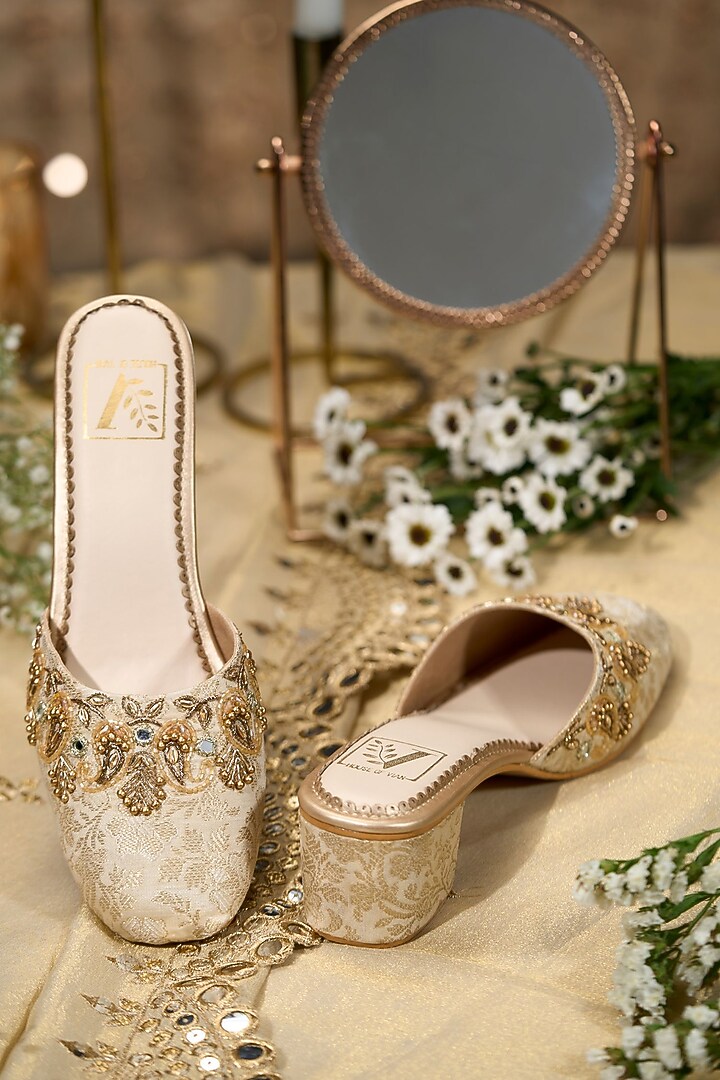 Gold Brocade Fabric Sequins Embroidered Heels by House of Vian at Pernia's Pop Up Shop