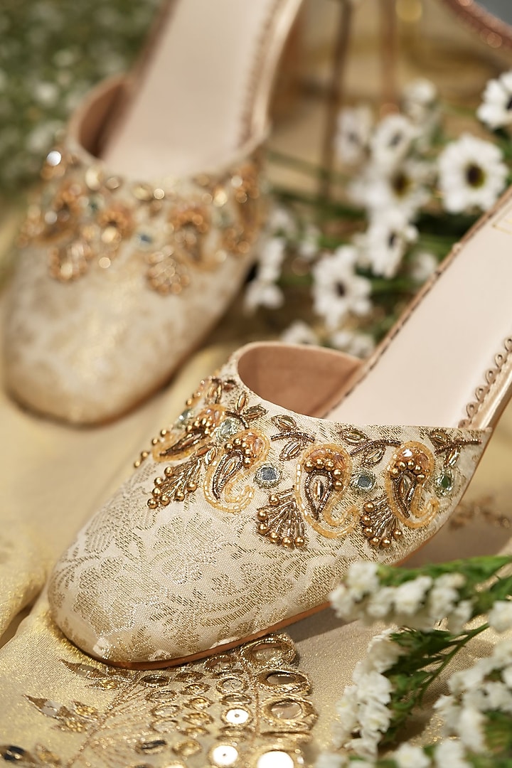 Gold Brocade Fabric Sequins Embroidered Heels by House of Vian at Pernia's Pop Up Shop
