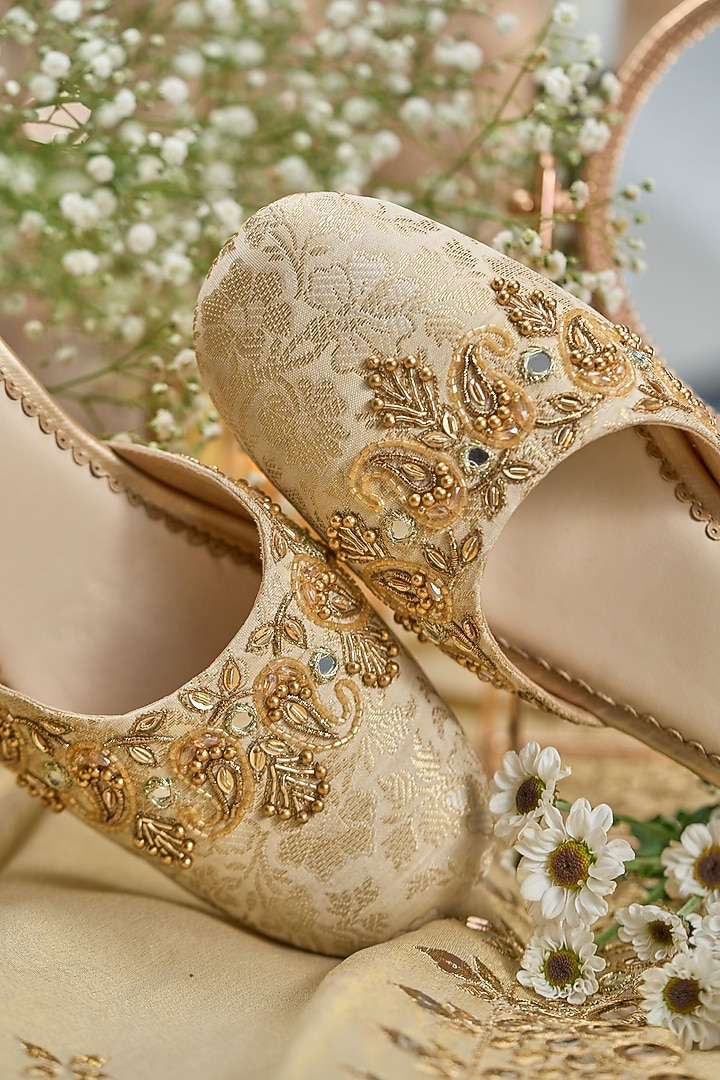 Gold Brocade Fabric Sequins Embroidered Heels by House of Vian at Pernia's Pop Up Shop