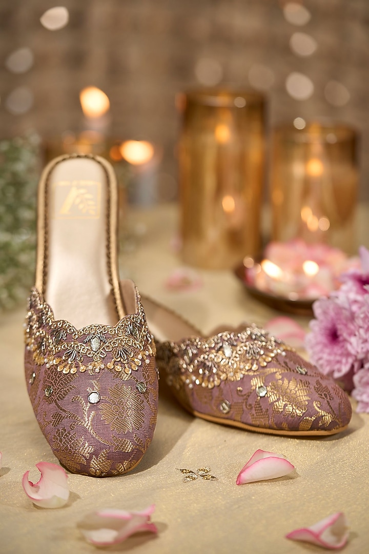 Mauve Brocade Fabric Sequins Embroidered Heels by House of Vian at Pernia's Pop Up Shop