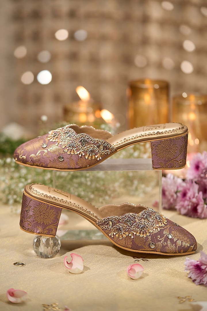 Mauve Brocade Fabric Sequins Embroidered Heels by House of Vian at Pernia's Pop Up Shop