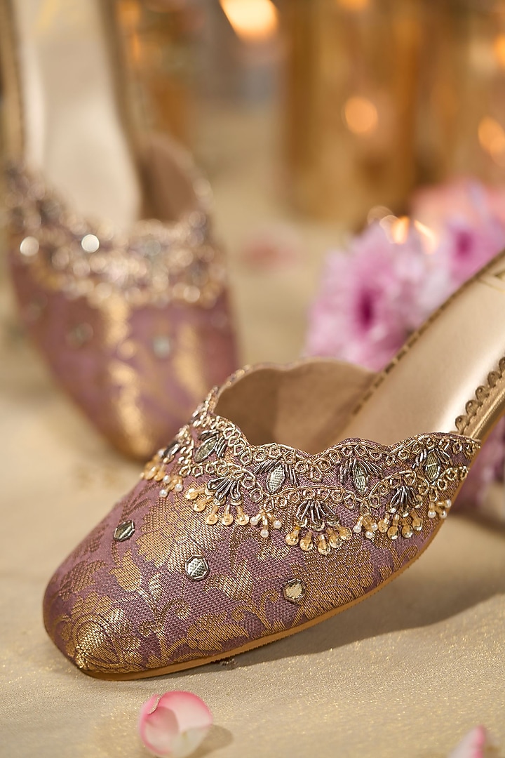 Mauve Brocade Fabric Sequins Embroidered Heels by House of Vian at Pernia's Pop Up Shop