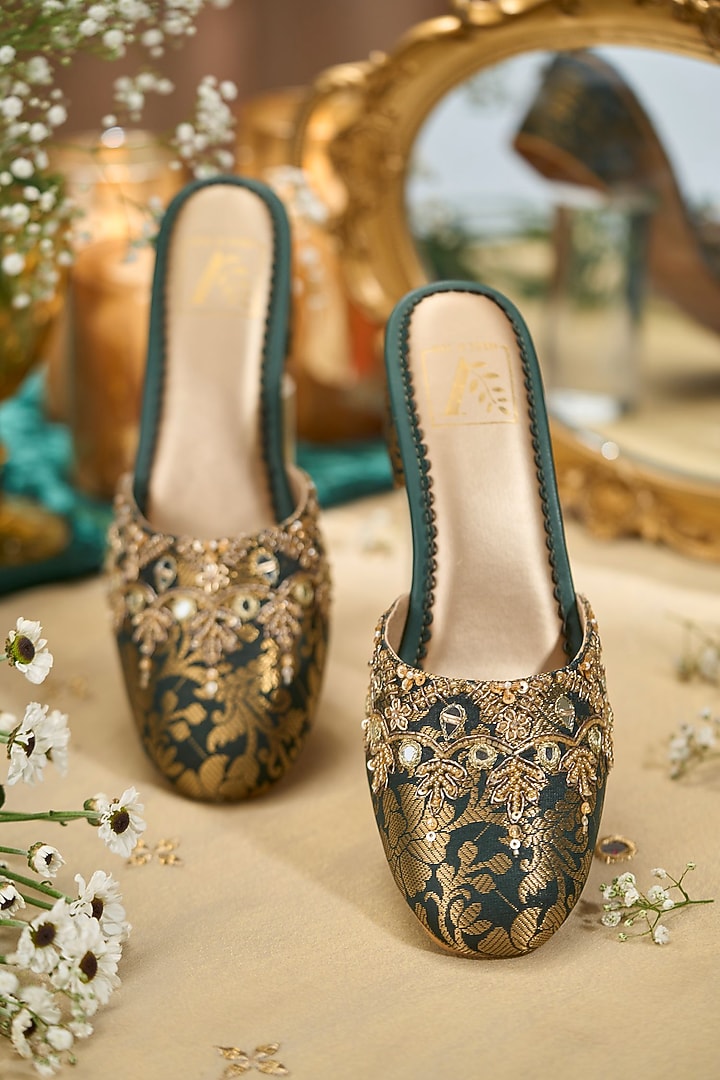 Green Brocade Fabric Sequins Embroidered Heels by House of Vian at Pernia's Pop Up Shop