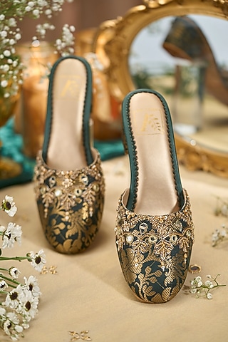 Green Brocade Fabric Sequins Embroidered Heels by House of Vian