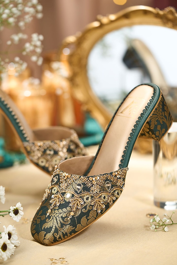 Green Brocade Fabric Sequins Embroidered Heels by House of Vian at Pernia's Pop Up Shop