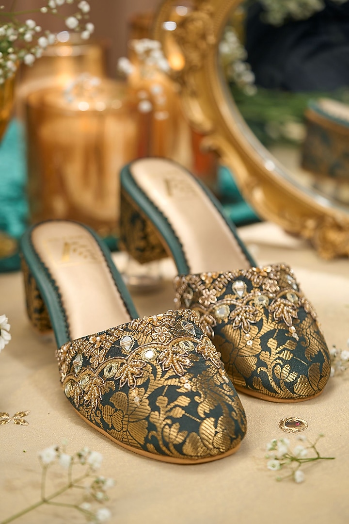 Green Brocade Fabric Sequins Embroidered Heels by House of Vian at Pernia's Pop Up Shop