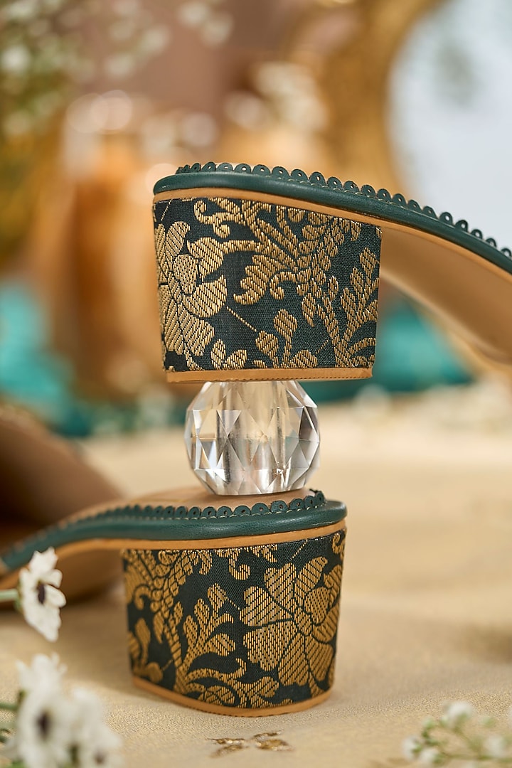 Green Brocade Fabric Sequins Embroidered Heels by House of Vian at Pernia's Pop Up Shop