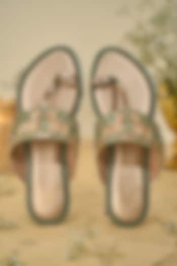 Green Crepe Dabka Embroidered Kolhapuri Flats by House of Vian at Pernia's Pop Up Shop