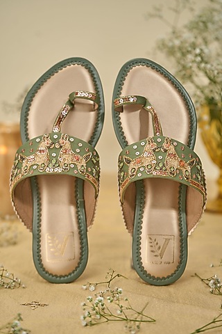 Green Crepe Dabka Embroidered Kolhapuri Flats by House of Vian