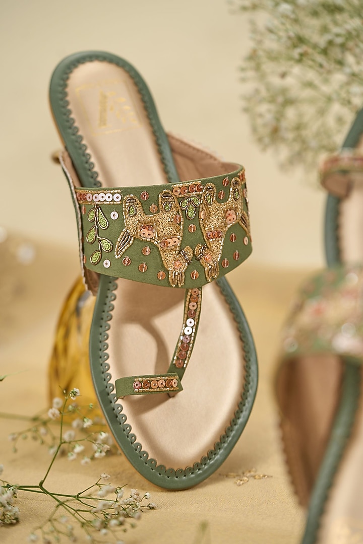 Green Crepe Dabka Embroidered Kolhapuri Flats by House of Vian at Pernia's Pop Up Shop