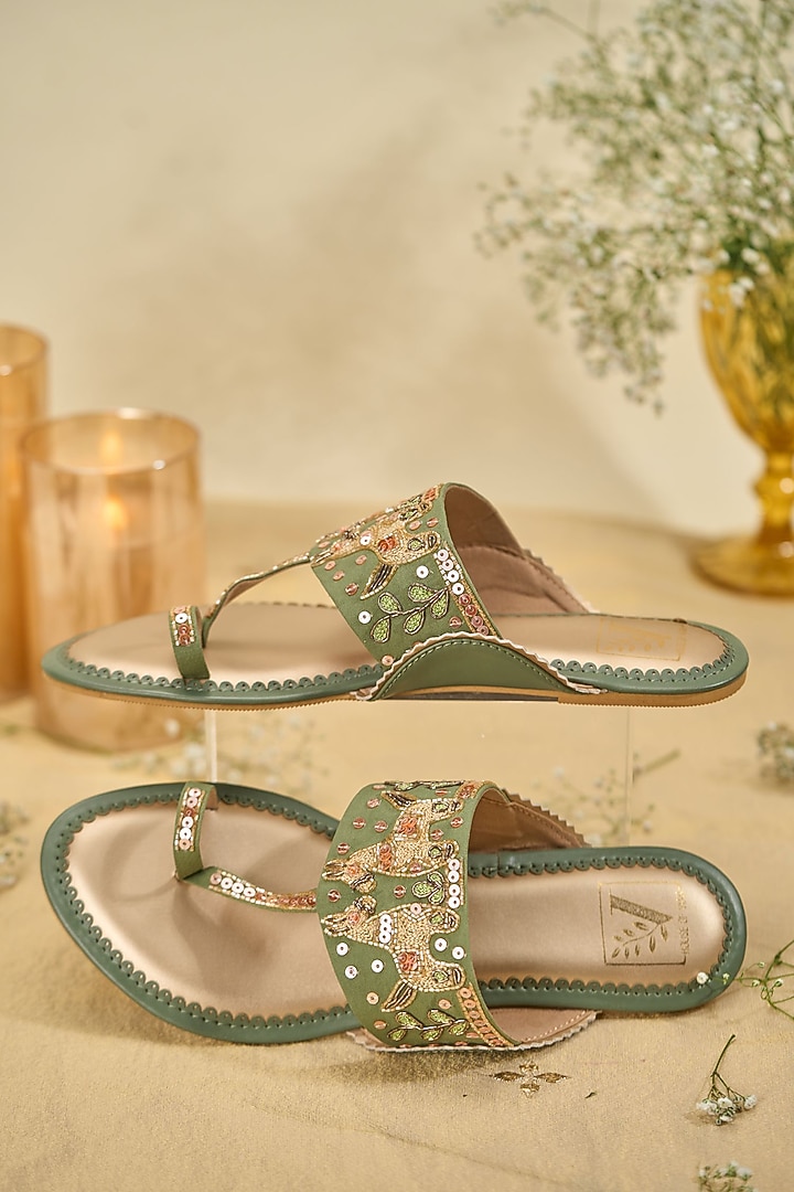Green Crepe Dabka Embroidered Kolhapuri Flats by House of Vian at Pernia's Pop Up Shop