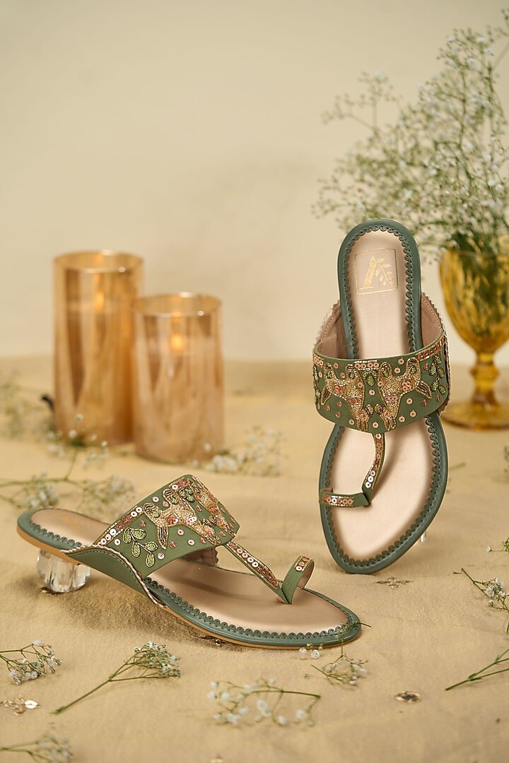 Green Crepe Dabka Embroidered Kolhapuri Flats by House of Vian at Pernia's Pop Up Shop