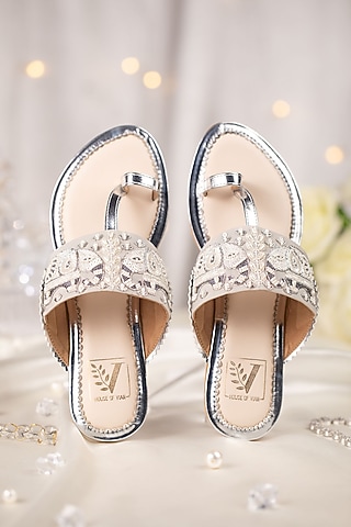 Silver Crepe Dabka Embroidered Kolhapuri Flats by House of Vian