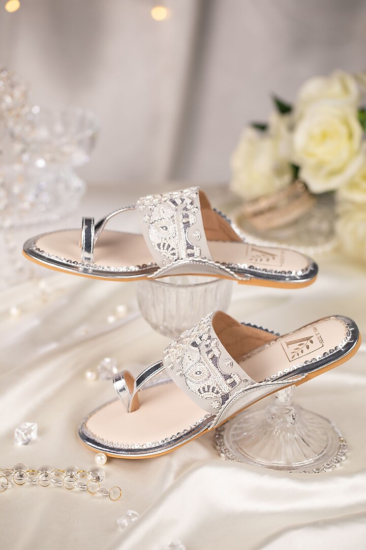 Silver Crepe Dabka Embroidered Kolhapuri Flats by House of Vian at Pernia's Pop Up Shop