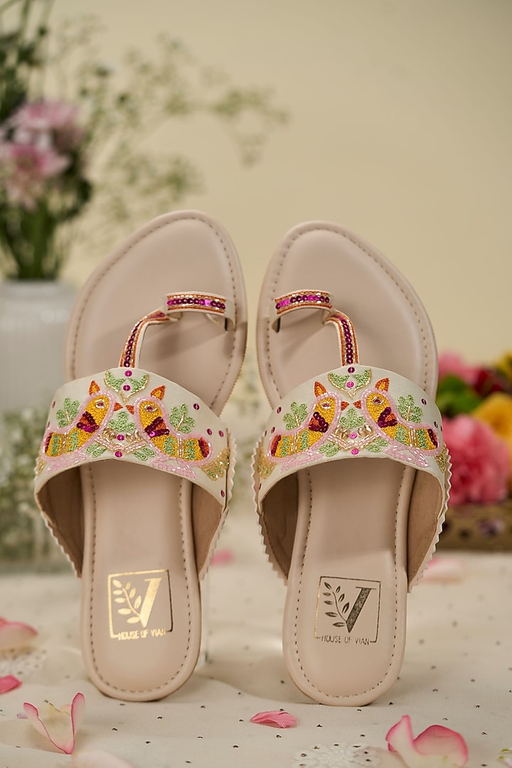 Multi-Colored Satin Fabric Thread Kolhapuri Flats by House of Vian at Pernia's Pop Up Shop