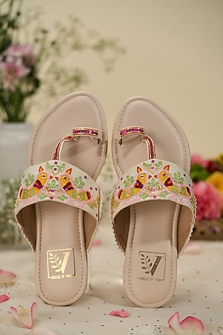 Multi-Colored Satin Fabric Thread Kolhapuri Flats by House of Vian