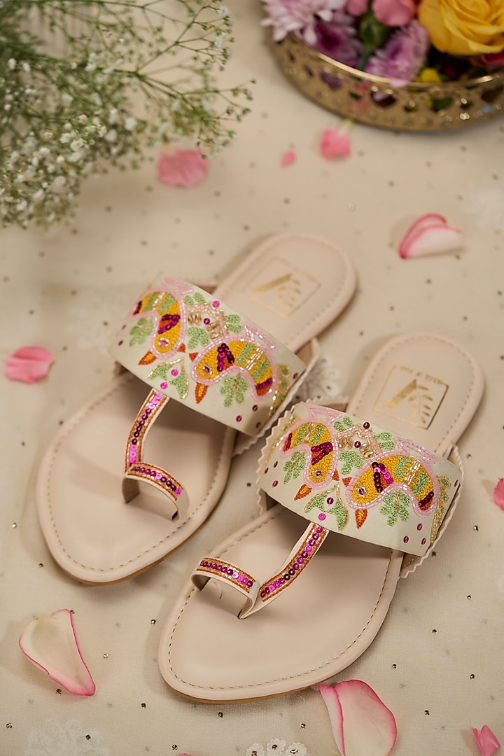 Multi-Colored Satin Fabric Thread Kolhapuri Flats by House of Vian at Pernia's Pop Up Shop