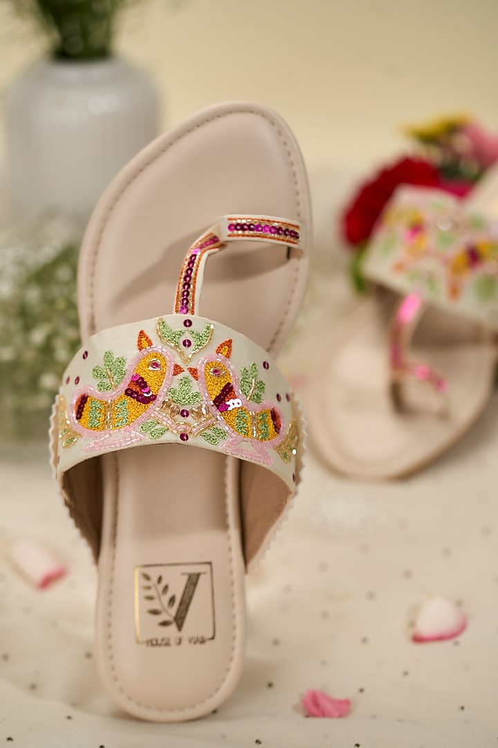 Multi-Colored Satin Fabric Thread Kolhapuri Flats by House of Vian at Pernia's Pop Up Shop