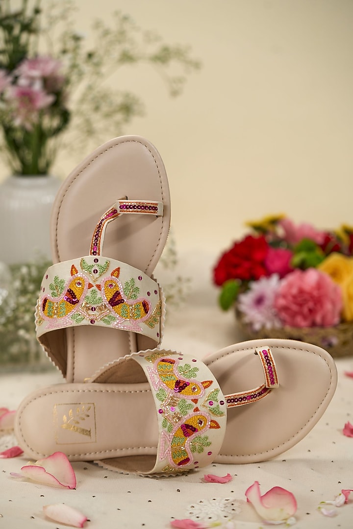 Multi-Colored Satin Fabric Thread Kolhapuri Flats by House of Vian at Pernia's Pop Up Shop