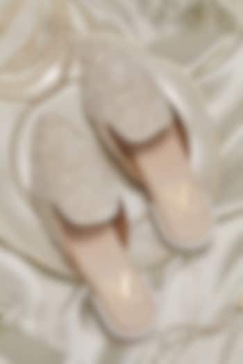 White Dupion Fabric Embroidered Mules by House of Vian at Pernia's Pop Up Shop