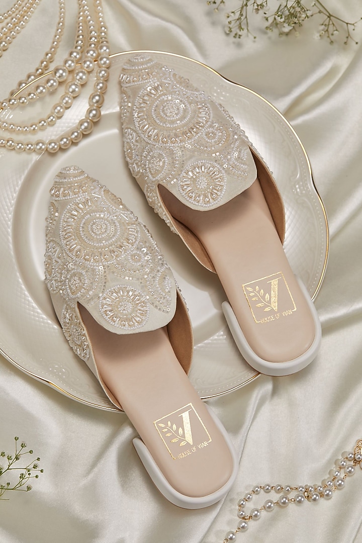 White Dupion Fabric Embroidered Mules by House of Vian at Pernia's Pop Up Shop