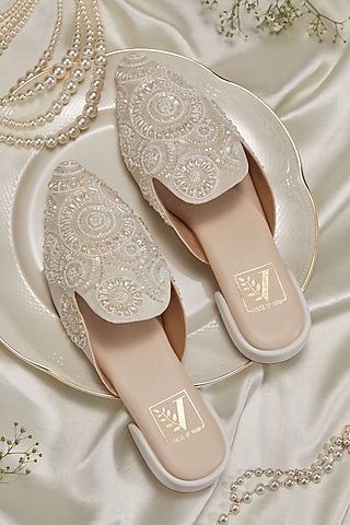 White Dupion Fabric Embroidered Mules by House of Vian