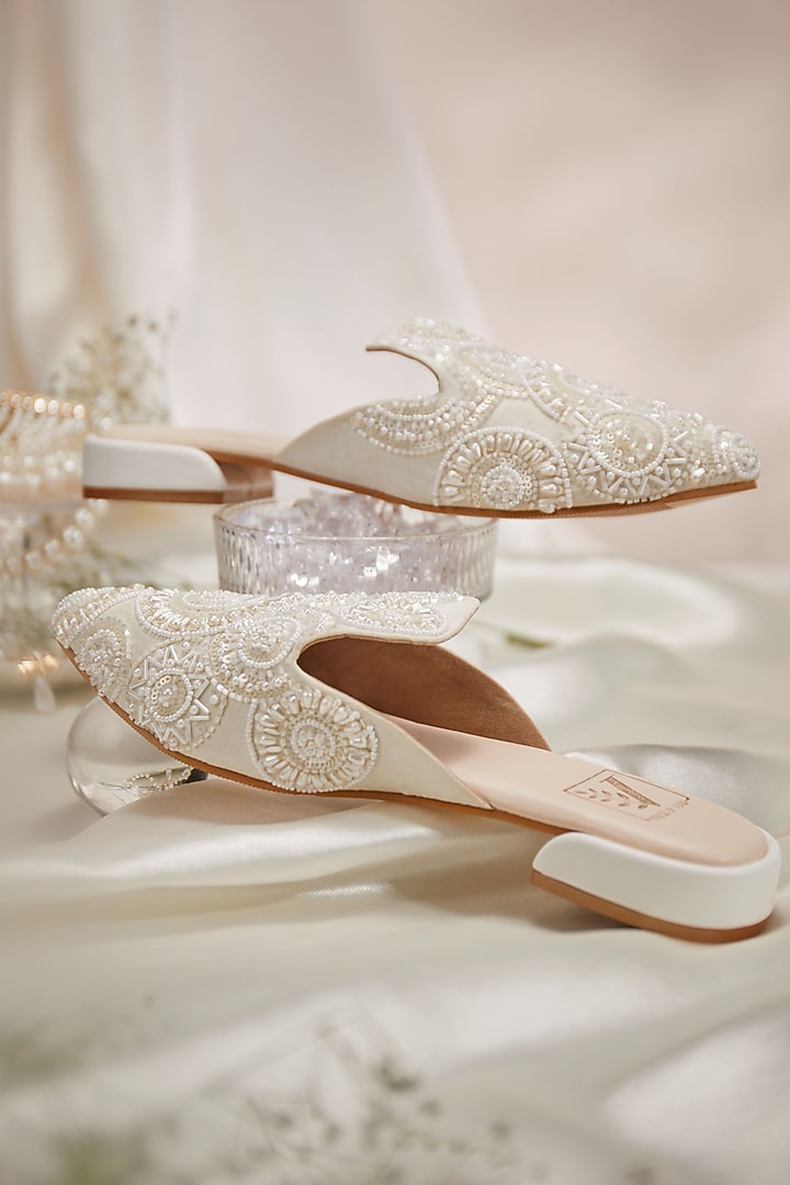 White Dupion Fabric Embroidered Mules by House of Vian at Pernia's Pop Up Shop
