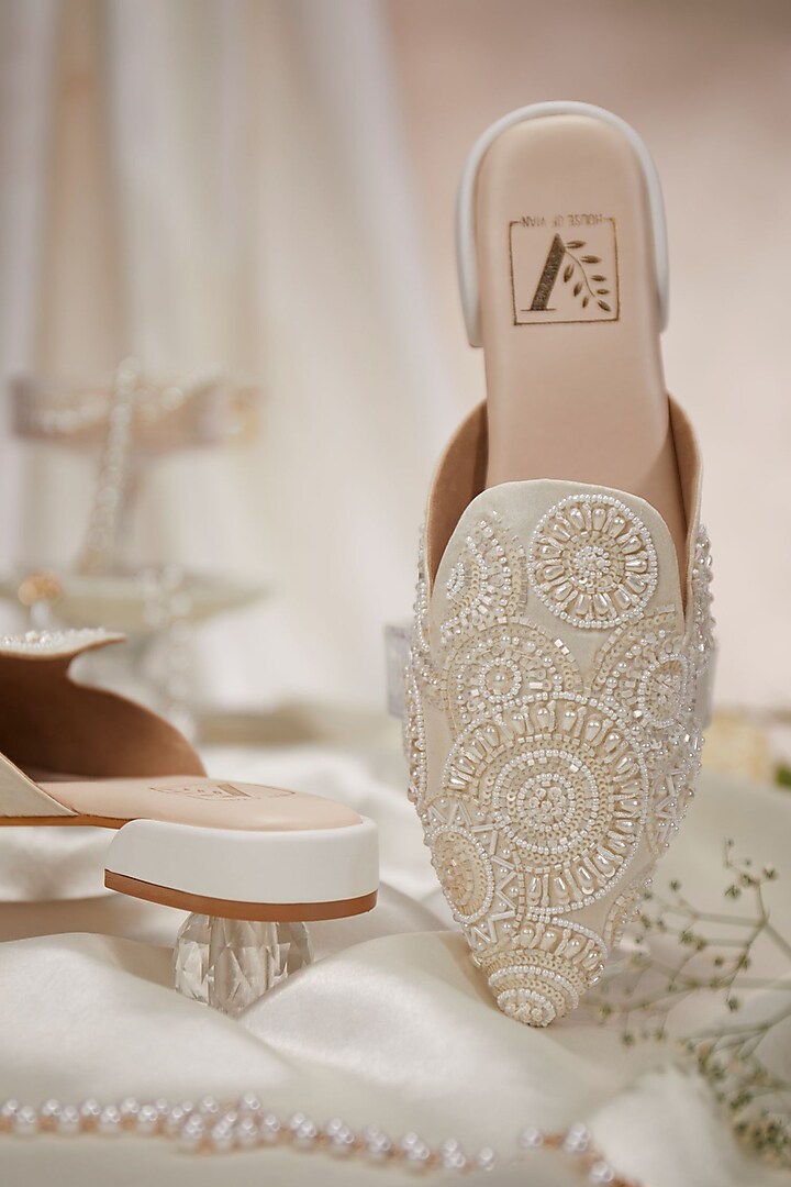 White Dupion Fabric Embroidered Mules by House of Vian at Pernia's Pop Up Shop