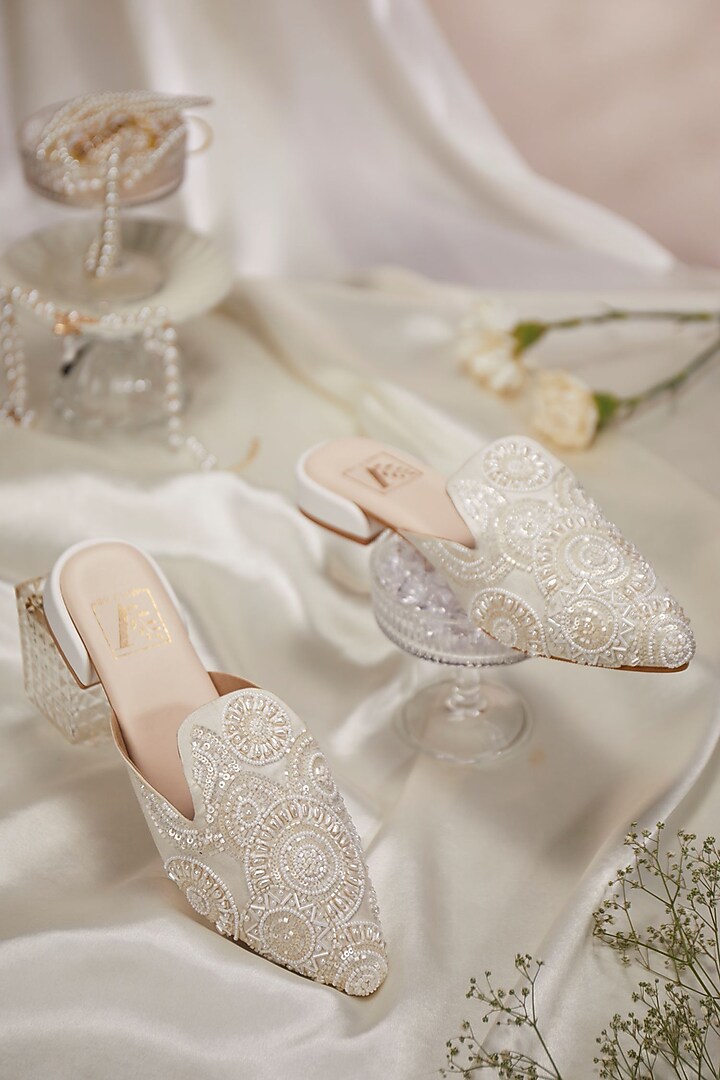 White Dupion Fabric Embroidered Mules by House of Vian at Pernia's Pop Up Shop