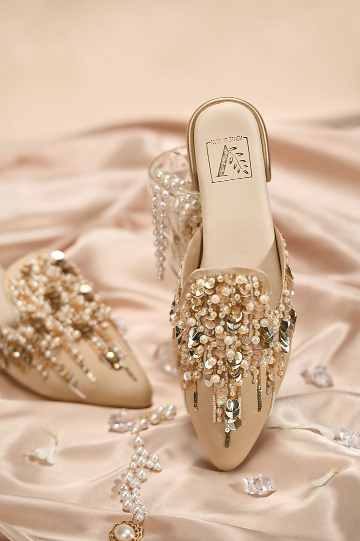 Nude Dupion Fabric Embroidered Mules by House of Vian at Pernia's Pop Up Shop