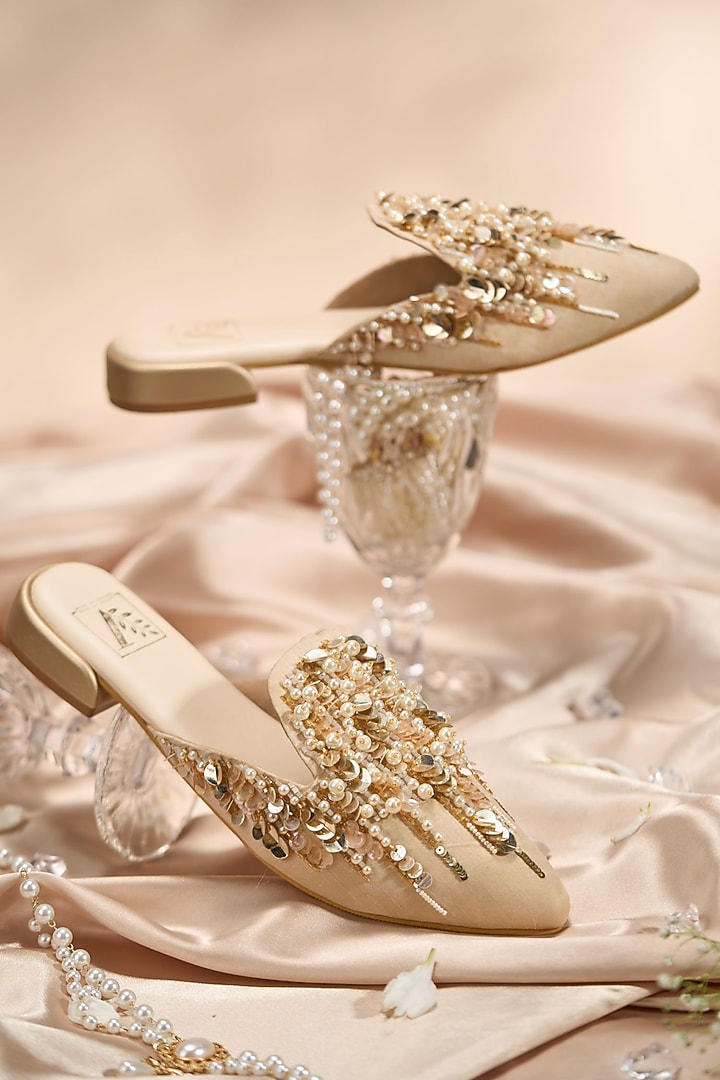 Nude Dupion Fabric Embroidered Mules by House of Vian at Pernia's Pop Up Shop