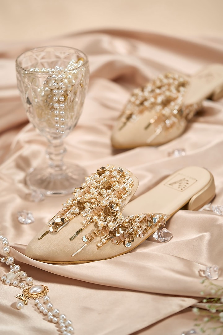 Nude Dupion Fabric Embroidered Mules by House of Vian at Pernia's Pop Up Shop