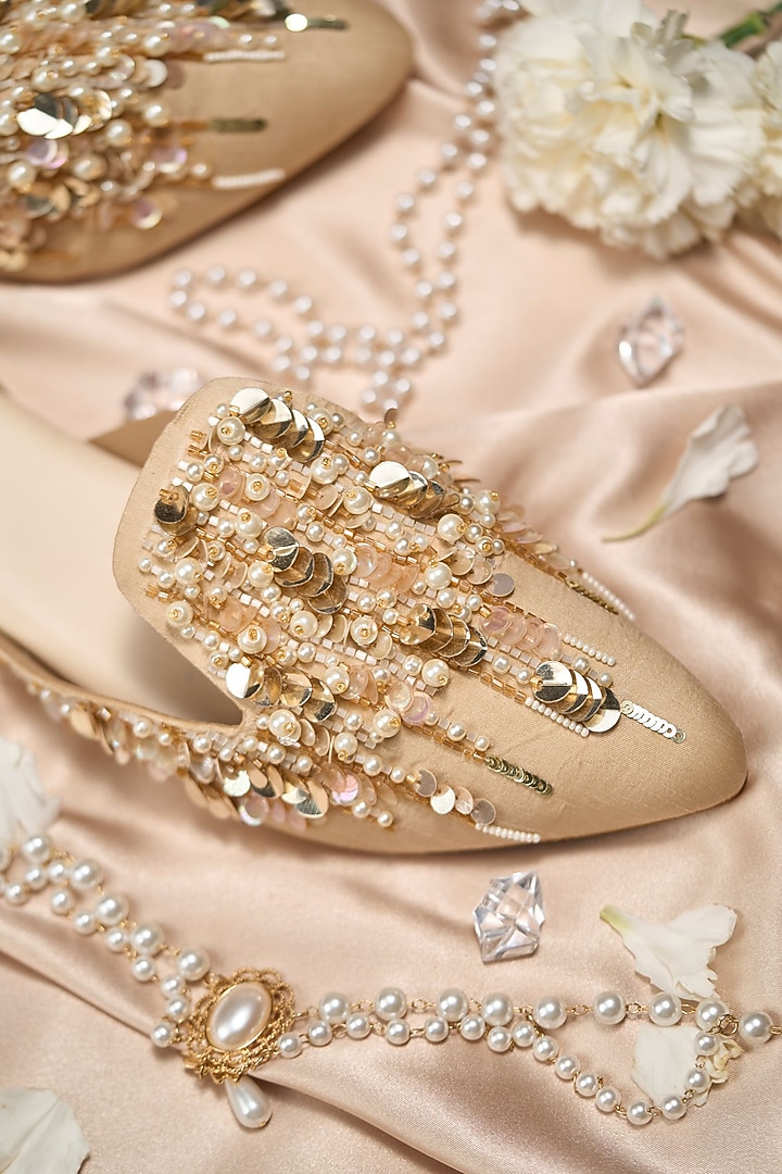 Nude Dupion Fabric Embroidered Mules by House of Vian at Pernia's Pop Up Shop