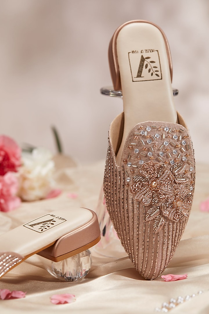 Rose Gold Shimmer Fabric Dabka Work Mules by House of Vian at Pernia's Pop Up Shop