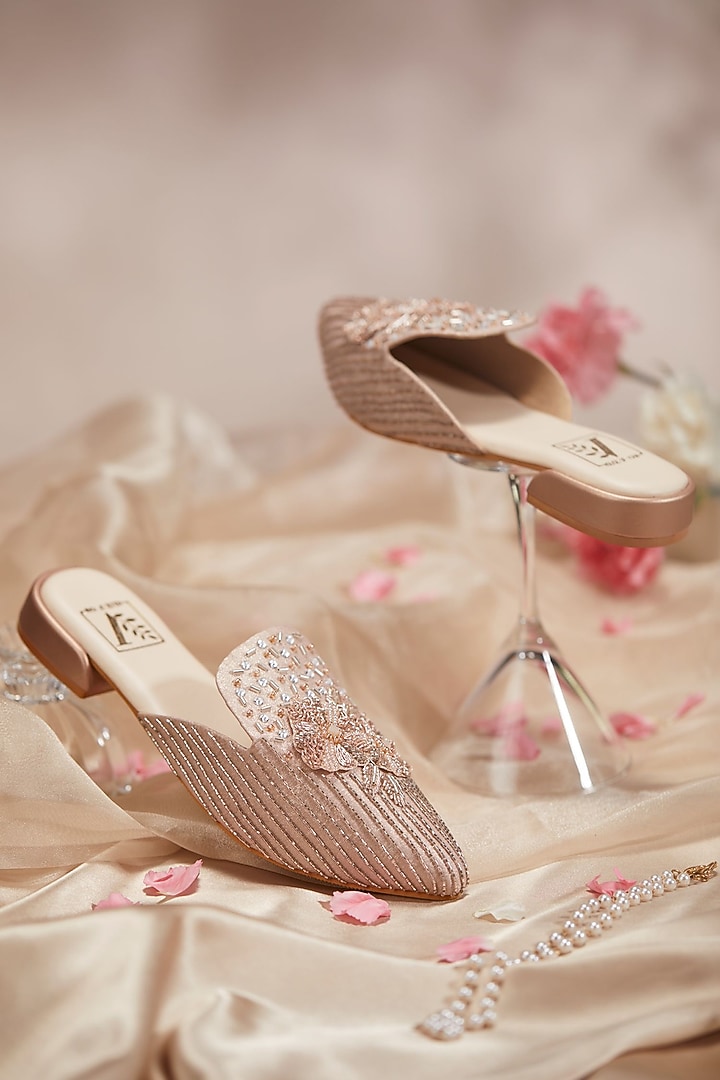 Rose Gold Shimmer Fabric Dabka Work Mules by House of Vian at Pernia's Pop Up Shop