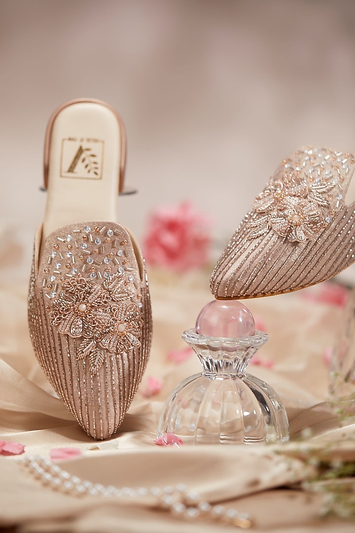 Rose Gold Shimmer Fabric Dabka Work Mules by House of Vian at Pernia's Pop Up Shop