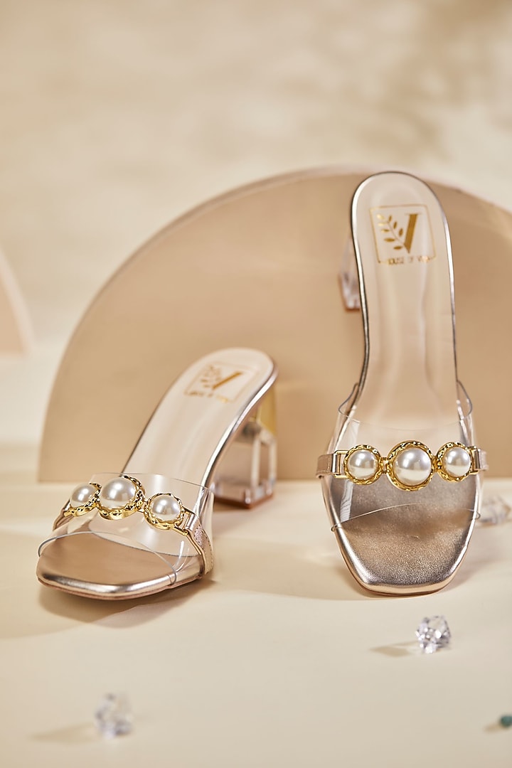 Gold Faux Leather Pearl Embellished Heels by House of Vian at Pernia's Pop Up Shop