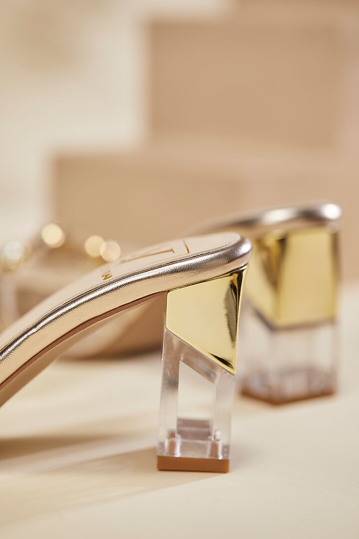 Gold Faux Leather Pearl Embellished Heels by House of Vian at Pernia's Pop Up Shop
