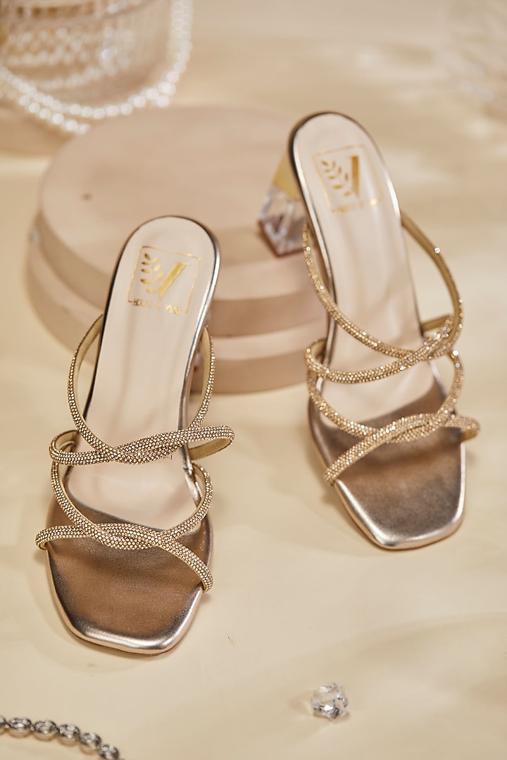 Gold Faux Leather Stone Embellished Heels by House of Vian at Pernia's Pop Up Shop