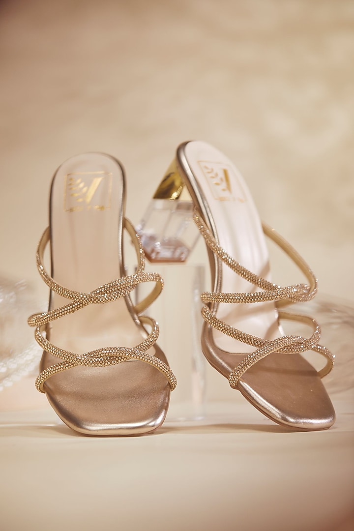 Gold Faux Leather Stone Embellished Heels by House of Vian at Pernia's Pop Up Shop