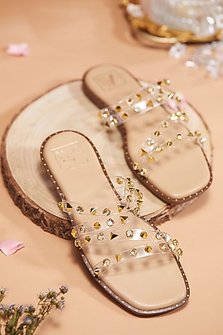 Gold Faux Leather Stone Embellished Flats by House of Vian