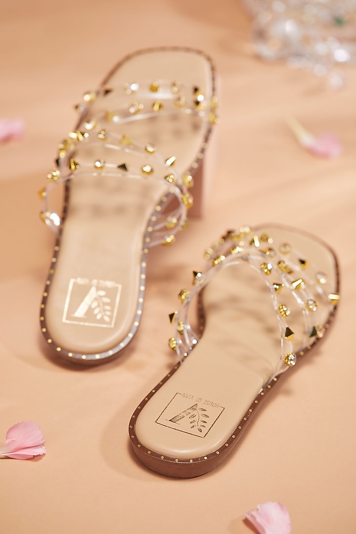 Gold Faux Leather Stone Embellished Flats by House of Vian at Pernia's Pop Up Shop