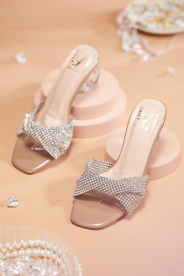 Silver Faux Leather Stone Embellished Heels by House of Vian at Pernia's Pop Up Shop