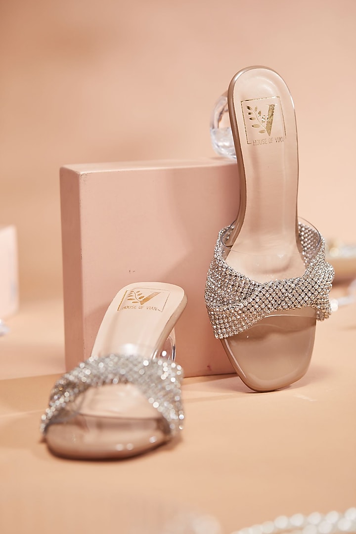 Silver Faux Leather Stone Embellished Heels by House of Vian at Pernia's Pop Up Shop