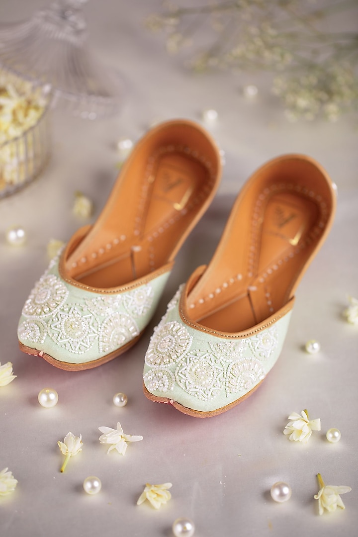 Green Dupion Silk Cutdana Embroidered Juttis by House of Vian at Pernia's Pop Up Shop