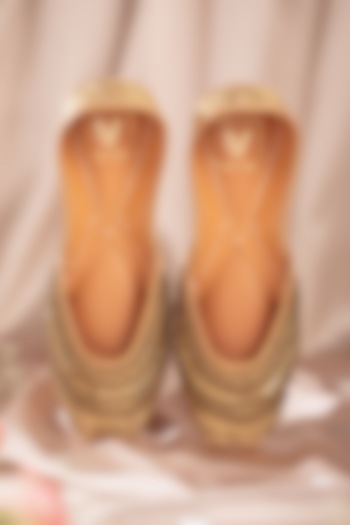 Gold Dupion Silk Cutdana Embroidered Juttis by House of Vian at Pernia's Pop Up Shop